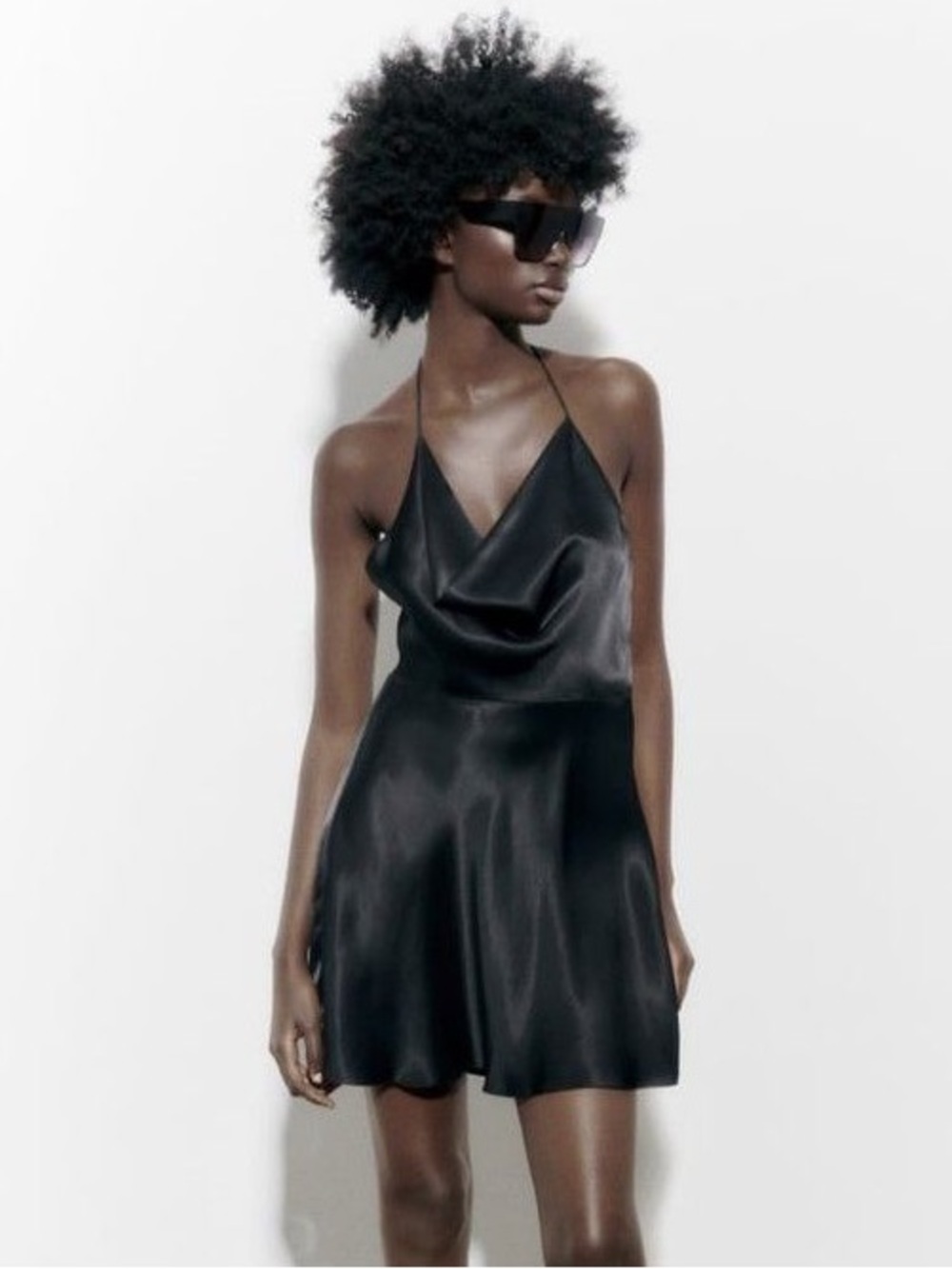 Zara Sz XS Satin black Cowl Neck Open Back Halter LBD Mini Dress